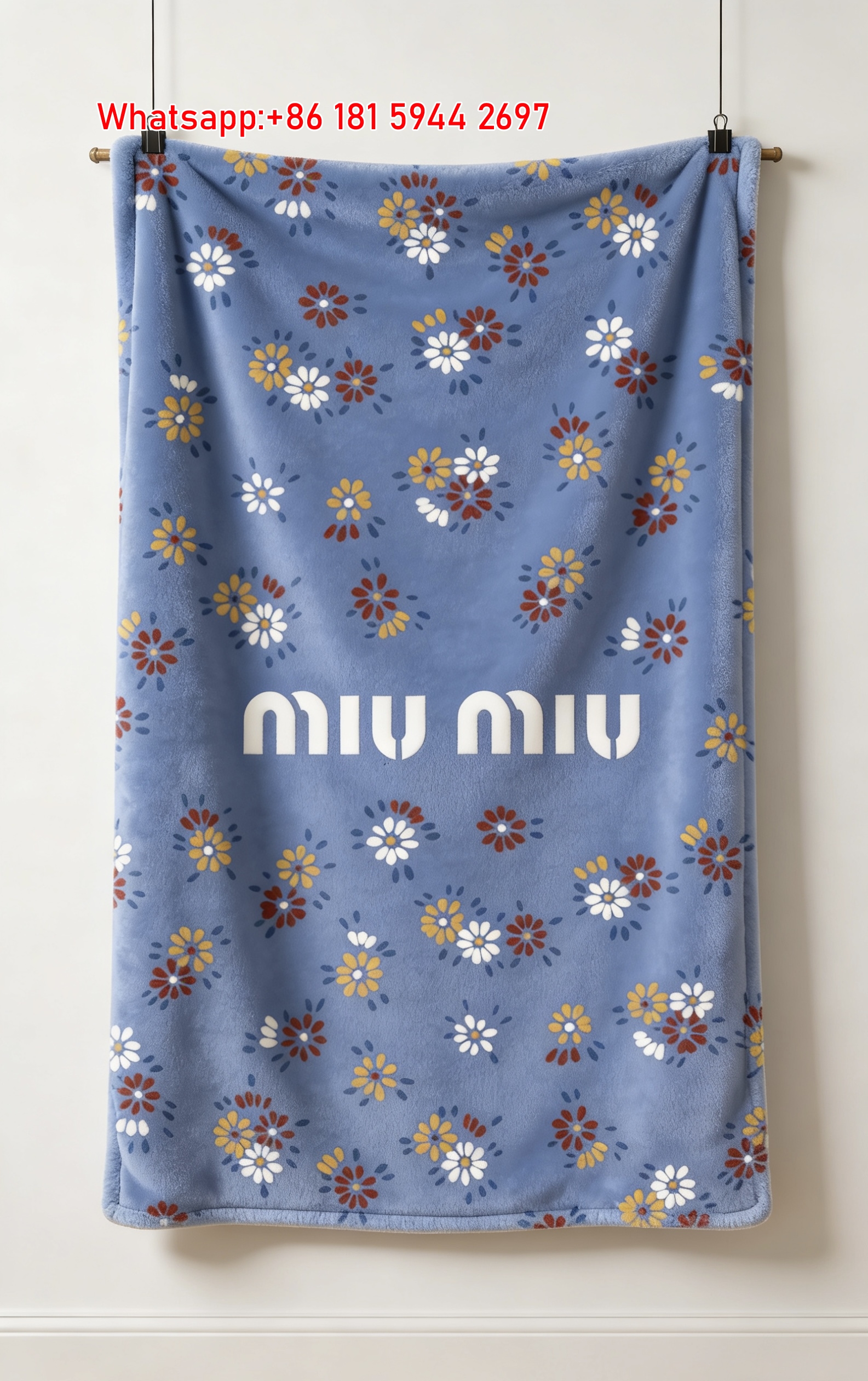 Miu Miu Floral Print Flannel Throw Blanket Bright Cobalt Blue with White Yellow Rust Ditsy Flowers IMG_0443